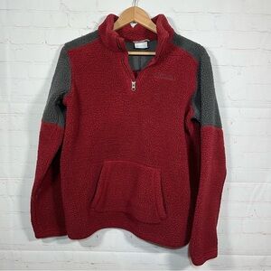 Columbia Sherpa Fleece Jacket Womens XL Red Gray Full Zip Pocket Outdoor Hiking